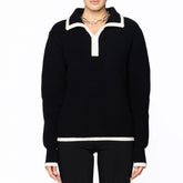 College Style Contrast Trim Ribbed Collared Long Sleeve Wool Knit Sweater